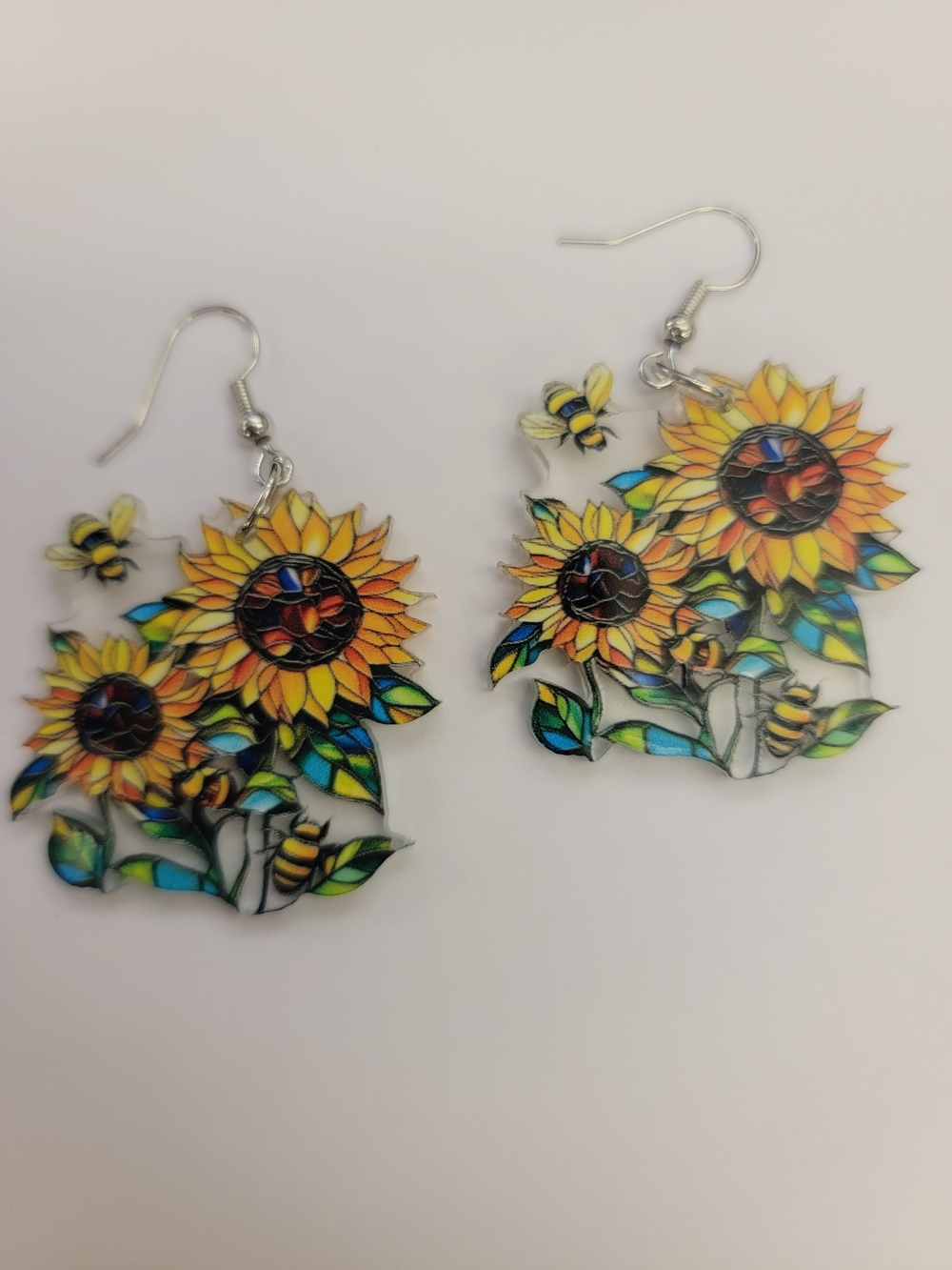 Sunflower & Bee Dangle Earrings - Bright Yellow Floral Design